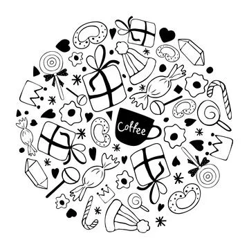 Circle of winter elements. Hat, gift boxes, candy, decorations in doodle style. Illustrazione stock