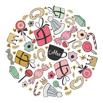 Circle of winter elements. Hat, gift boxes, candy, decorations in doodle style. Stock Illustration