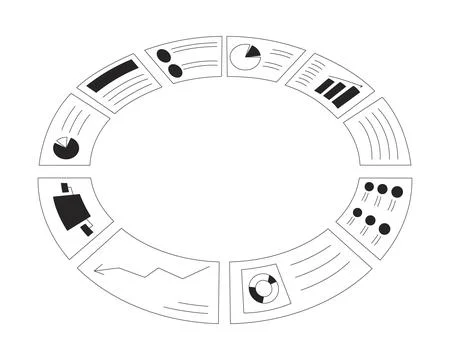 Circled analytics reports black and white 2D line object Stock Illustration