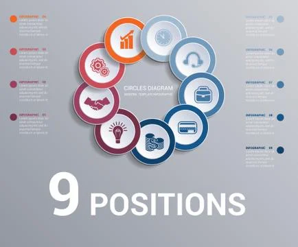 Circles diagram, data Elements Template infographics 9 positions. Dark backgr Stock Illustration