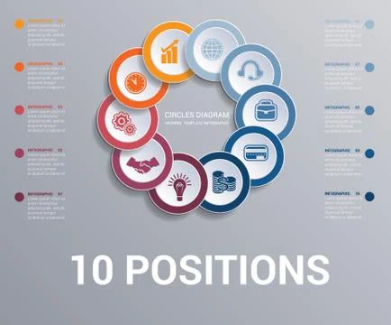 Circles diagram, data Elements Template infographics 10 positions. Dark backg Stock Illustration