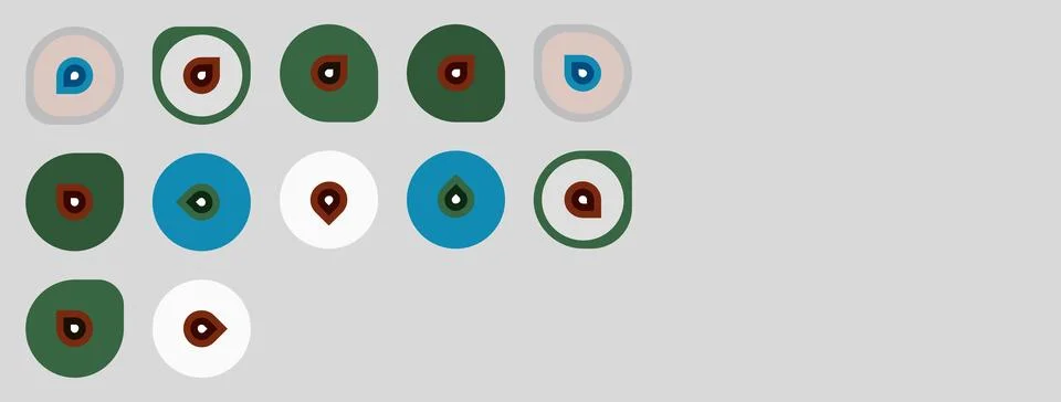 Circles with dots inside, varying colors. Layout resembles map markers or Stock Illustration