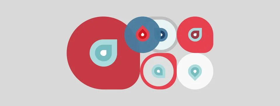 Circles, dots, location pins present. Red, blue, light gray colors dominate Ilustración de archivo