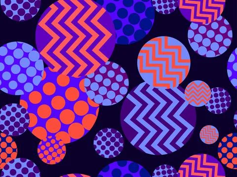 Circles with geometric pattern, seamless background in 80s style for wrapping Stock Illustration