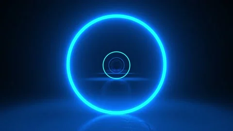 Circles neon blue light in black hall room. Abstract sci fi geometric backgro Stock Footage