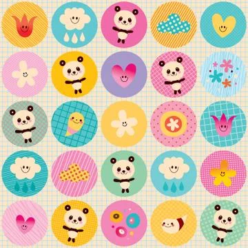 Circles pattern baby panda bears flowers clouds Stock-Illustration