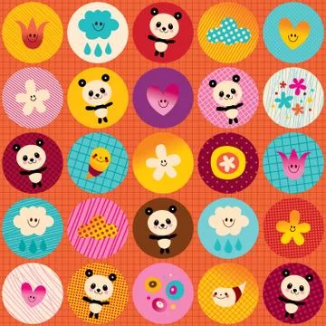 Circles pattern cute baby panda bears flowers clouds イラスト素材
