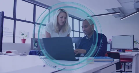 Circles pulsing over Cyber Security overlay, woman pointing laptop and man Stock Footage 313509113