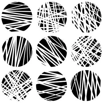 Circles with random chaotic, irregular straight lines. Dynamic lines clipped  Illustrazione stock