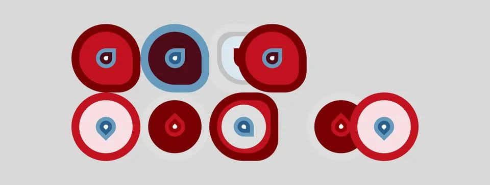 Circles, red and blue, concentric rings. Pattern repeats, simple design, flat Stock Illustration