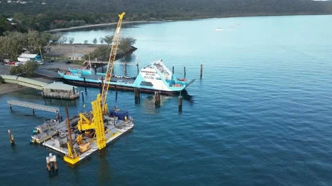 Circling around Vehicle Ferry loading at the end of the day Stock Footage 281138987
