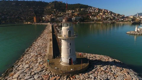 Circling copter around the pendulum on the bay near Mediterranean sea. Panorama Stock Footage 86682046