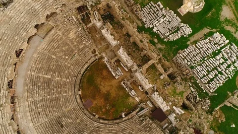 Circling footage of flying copter around old historic Antique Theater in Side Stock Footage 86772853