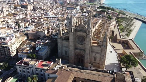 Circling frontal panoramic view of La Seu Palma de Mallorca Gothic Cathedral Stock Footage 166476309