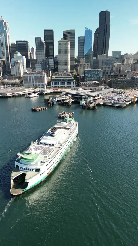 Circling Left Behind Seattle Ferry at Port, Portrait/Vertical Orientation Stock Footage 225550935