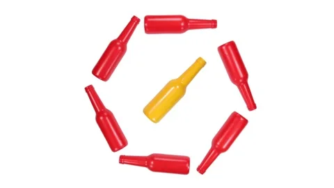 Circling Six Red Bottles - One Yellow Bottle Rotating in the Middle Stop Motion Video stock 159604173