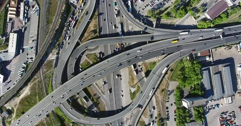 Circling view from copter moving down. The Kyiv transport interchange full of Stock Footage 82650825