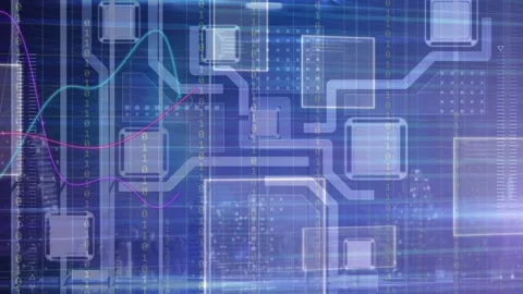 Circuit animating on blue grid light streaks sweeping and starting waveforms Stock Footage 335211489