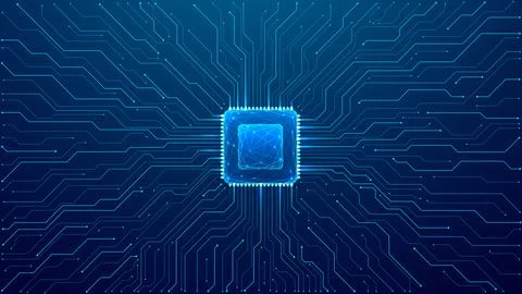 Circuit background with a gloving computer chip in the center. イラスト素材