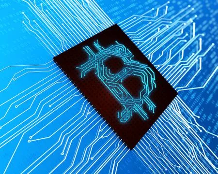 Circuit Board and Bitcoin, Electronic Network Fintech 스톡 일러스트