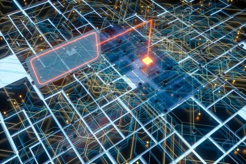 Circuit board and current data, data background, 3d rendering. Stock Illustration