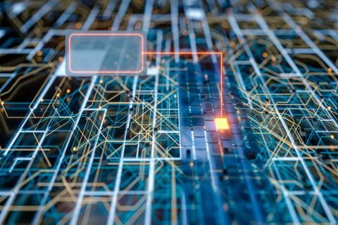 Circuit board and current data, data background, 3d rendering. Stock Illustration
