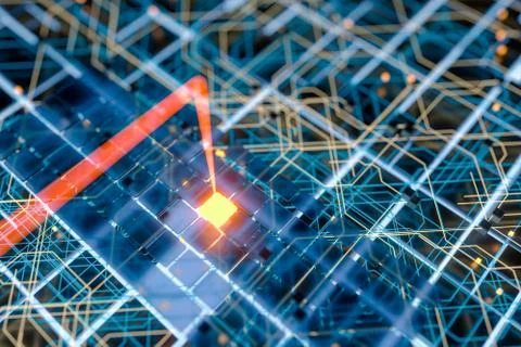 Circuit board and current data, data background, 3d rendering. Stock Illustration