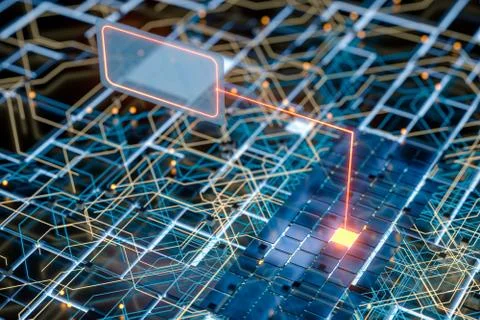 Circuit board and current data, data background, 3d rendering. Stock Illustration