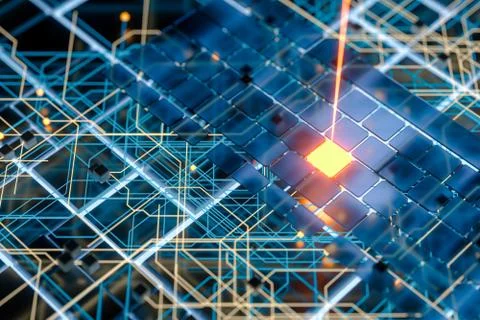 Circuit board and current data, data background, 3d rendering. Stock Illustration