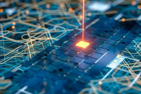 Circuit board and current data, data background, 3d rendering. Stock Illustration