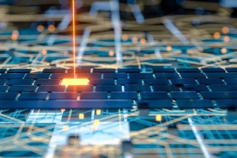 Circuit board and current data, data background, 3d rendering. Stock Illustration