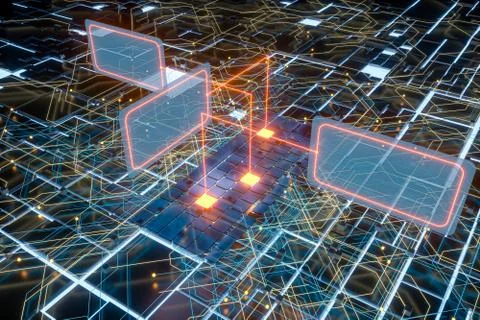 Circuit board and current data, data background, 3d rendering. Stock Illustration