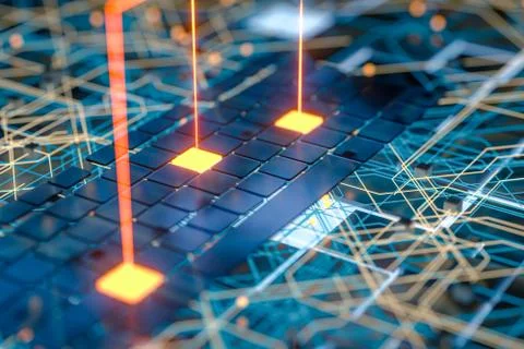 Circuit board and current data, data background, 3d rendering. Stock Illustration