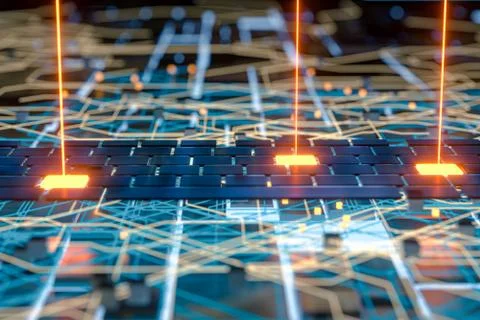 Circuit board and current data, data background, 3d rendering. Stock Illustration