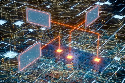 Circuit board and current data, data background, 3d rendering. 库存插图