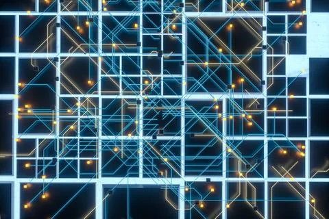 Circuit board and current data, data background, 3d rendering. Stock Illustration