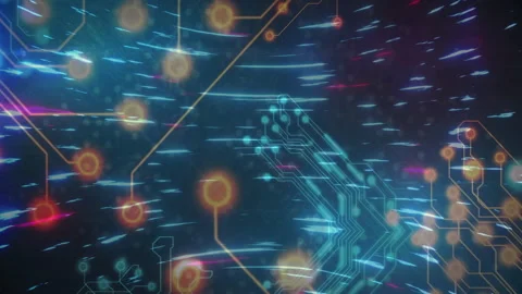 Circuit board and data flow animation over abstract digital background Stock Footage 303878753