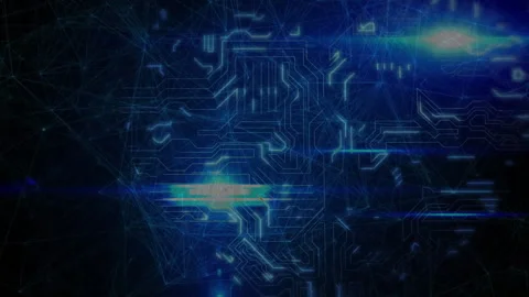 Circuit board and data flow animation over blue digital background Stock Footage 305366950