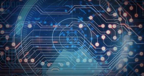 Circuit board and data flow image over blue digital background Stock Illustration