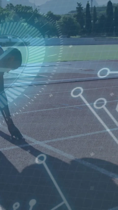 Circuit board and data processing animation over athlete preparing to run on 스톡 동영상 323248275