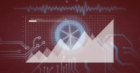 Circuit board and data processing image over fluctuating graph and digital Foto stock
