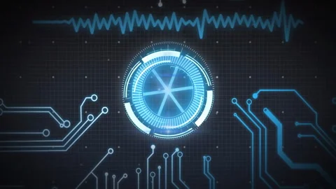 Circuit board and digital interface animation over grid background with waveform Stock Footage 303539082