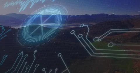 Circuit board and digital interface image over mountainous landscape Stock Illustration