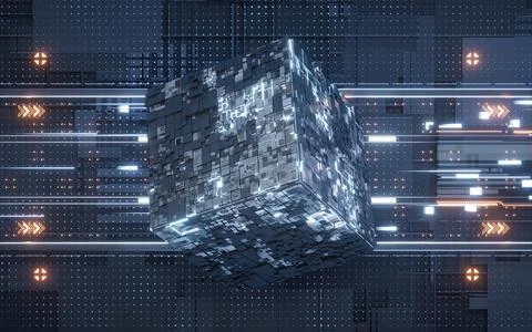 Circuit board and electrical chip core, 3d rendering. Stock Illustration