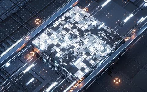 Circuit board and electrical chip core, 3d rendering. Illustrazione stock