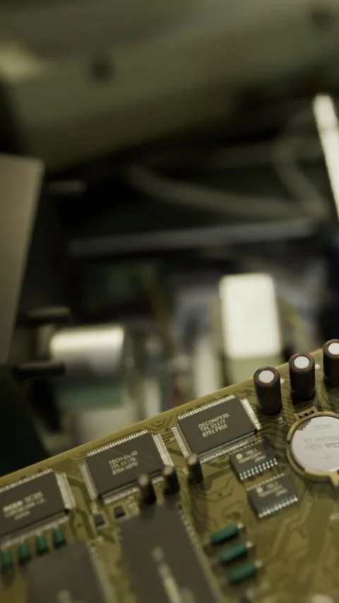 Circuit board and electronic components in close up view on a workbench Stock Footage 334188715