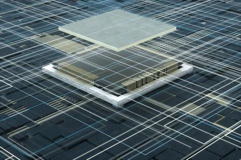 Circuit board and electronic lines background, 3d rendering. Stock Illustration
