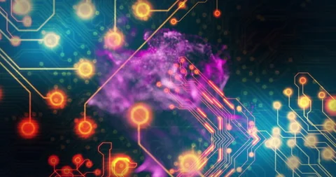 Circuit board and neural network animation over colorful abstract background Stockbeeldmateriaal 305132610