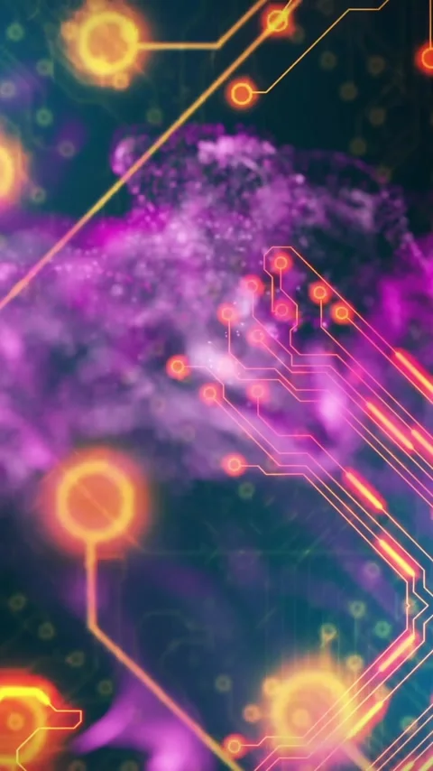 Circuit board and neural network animation over colorful abstract background Stock Footage 343615878