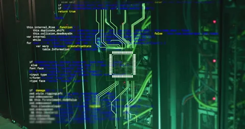 Circuit board and programming code animation over server racks in data center Stock Footage 304767252